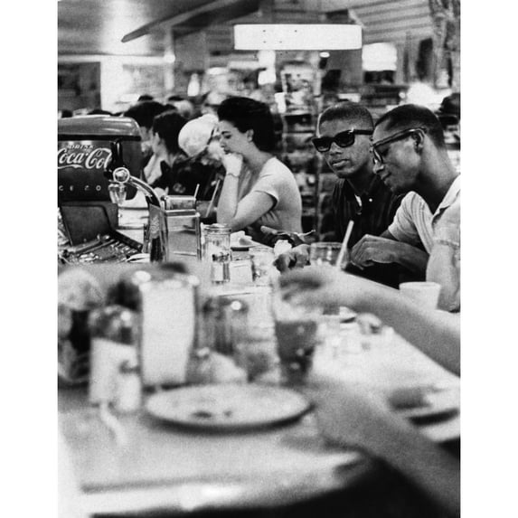 Us Civil Rights. Black Patrons Sitting In The White Section Of A Drugstore Lunch Counter History