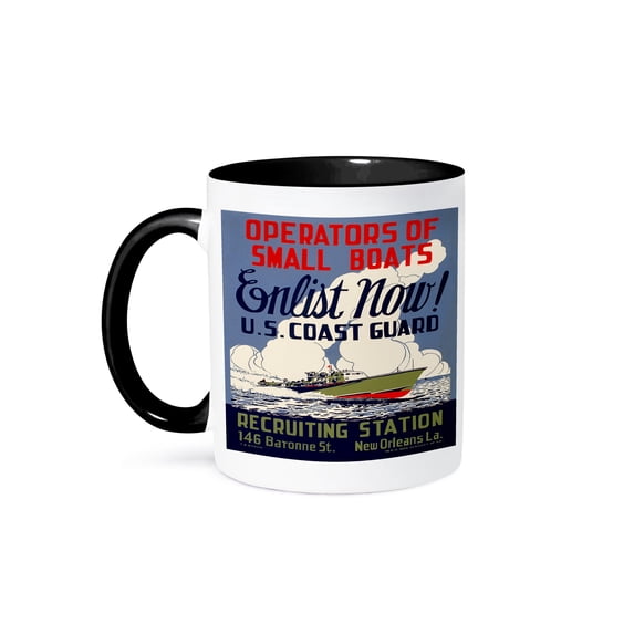 3dRose, US Coast Guard Operators of Small Boats Enlist Now Recruiting Poster, 11oz Two-Tone Black Mug