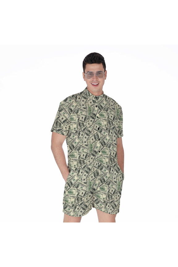 Short Sleeve Men'S Rompers, Rich Money Casual Summer Jumpsuits Outfit