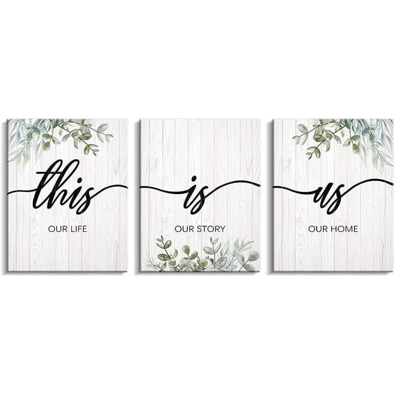 This Is Us Family Wall Decor - 3 Pieces Boho Inspirational Quotes Wall Art Leaves Printed Canvas Motivational White&Green Framed Painting Artwork for the Home Living Room Bedroom