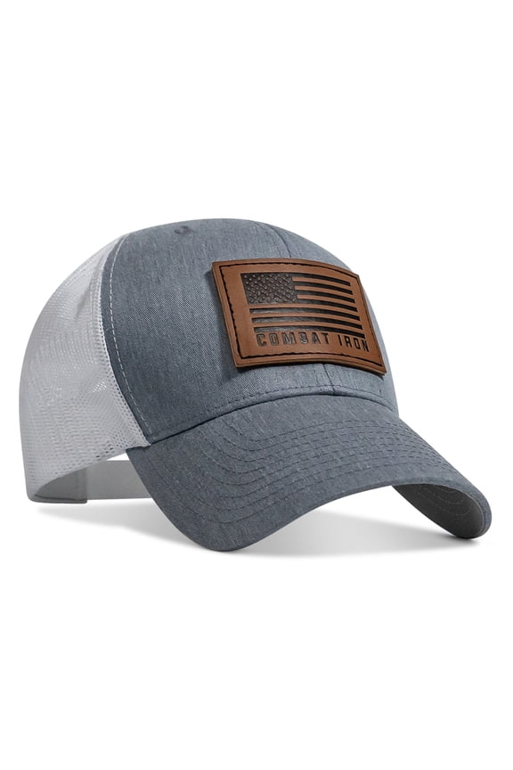 Mid-Profile Snapback Hat with Leather Patch – Gray / White