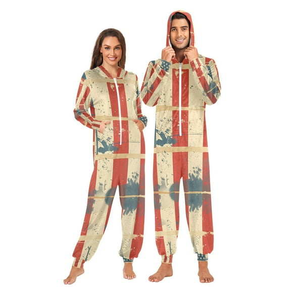 Us Flag Painting Adult Onesie Pajamas Slim Fit Christmas One Piece Suit Pjs for Women and Men Hooded Zipper