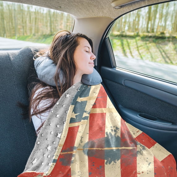 Us Flag Painting Travel Blanket Pillow Compact Foldable Airplane Throw Blanket with Trolley Sleeve for Travel Camping