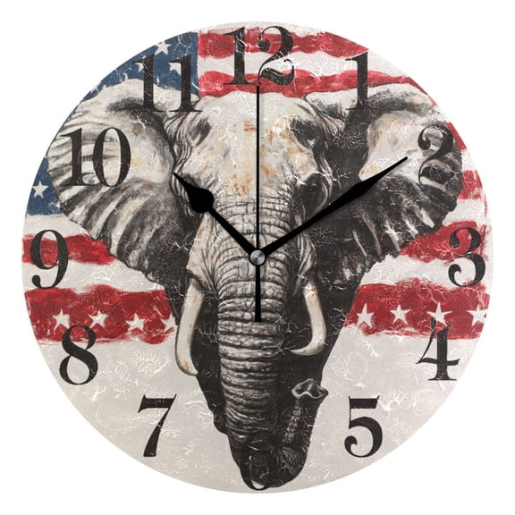 Us Flag and Elephant Round Wall Clock Battery Operated Silent Non-Ticking Bedroom Office Kitchen Home School Decor 10"(Black)