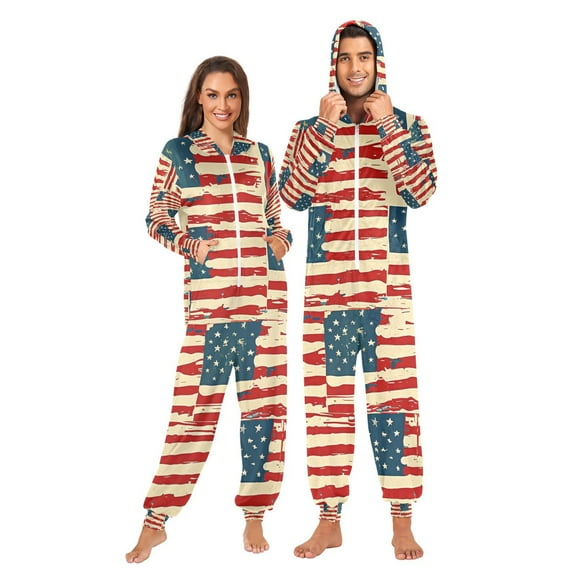 Us Flags Adult Onesie Pajamas Slim Fit Christmas One Piece Suit Pjs for Women and Men Hooded Zipper