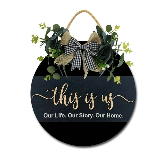 This Is Us Front Door Sign Funny Wreaths Hanging Wooden Plaque Decoration Round Rustic Wood Farmhouse Porch Decor for Home Front Door Decor, 11 x 11 Inch