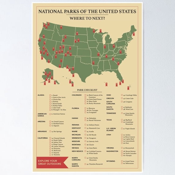 Us National Parks Checklist Poster, UNFRAMED PAPER POSTER, Home Decor, Vintage Gift, Living Room Dercor