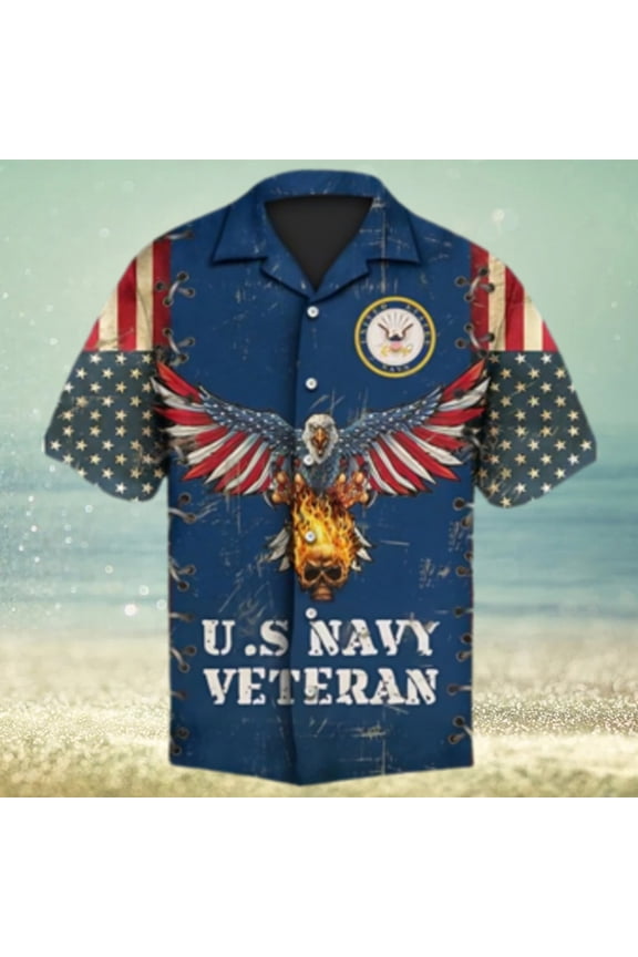 Us Navy Veteran United States Navy Eagle And Fire Skull American Hawaiian Shirt