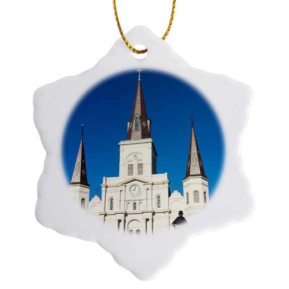 3drose, Us, New Orleans. St Louis Cathedral Plaza D Armas Holiday Decor, 3 inch Snowflake Porcelain Ornament