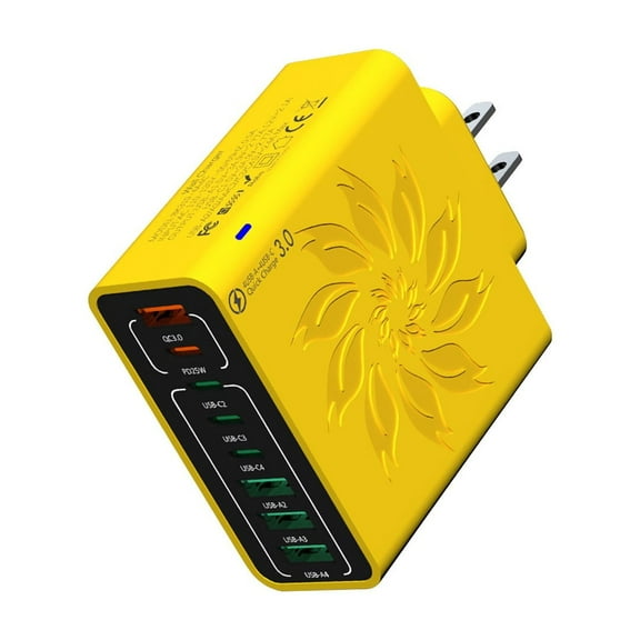 Us Plug Fast Charging 8-Port Phone Charger, Yellow Color With Floral Design, For Multiple Devices, Home, Travel, Office