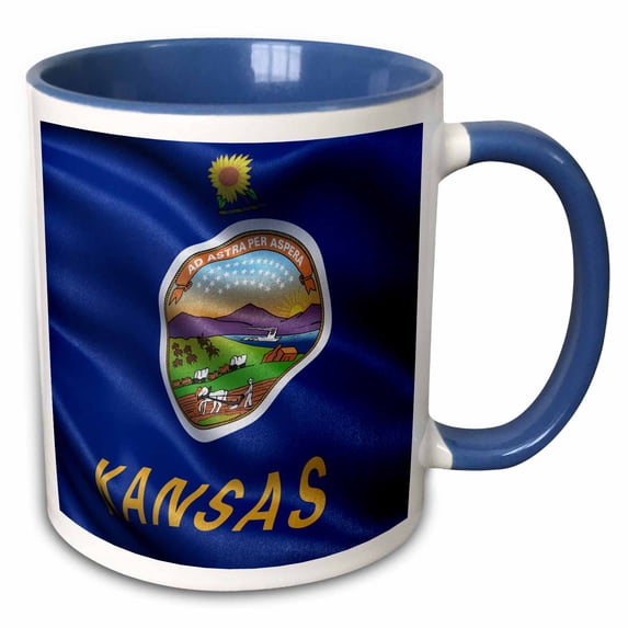 3drose, Us State Flag of Kansas Waving in the Wind, 15oz Two-tone Blue Mug