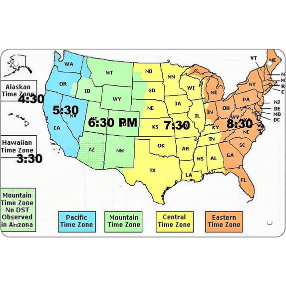 Us Time Zone Map, Retro Funny Metal Sheet Signs, Wall Decoration, Size:8 X 12