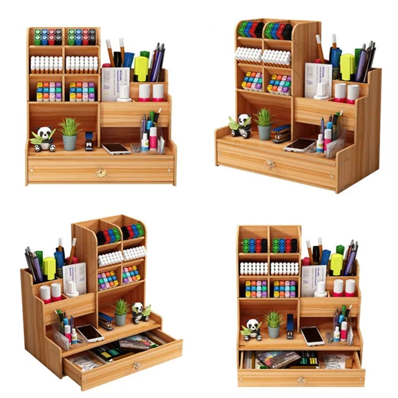 Us Wood Pencils Holder Pen Box With Drawer Stationery Storage Desktop Organiser