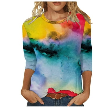UsYezik 3/4 Sleeve Blouses for Women Crew Neck Tie Dye Tshirts Vacation Trendy Summer Dressy Summer Tops Casual T-Shirts