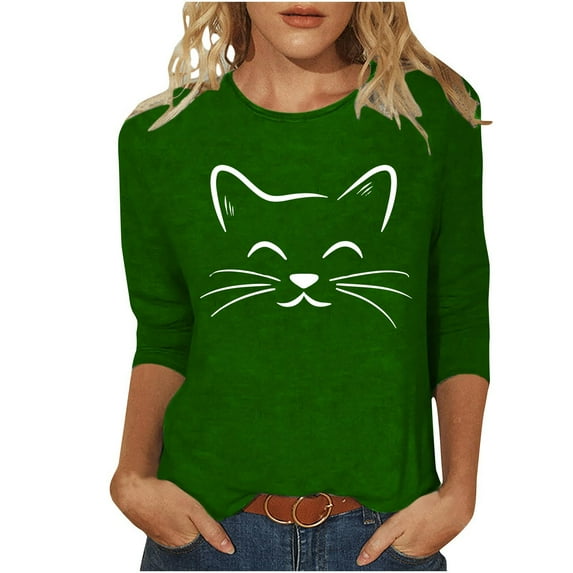 UsYezik 3/4 Sleeve Tops for Women Cats Graphic Basic Tees Tops Crew Neck Casual Loose Trendy Summer Tshirts Loose Fit T-Shirts