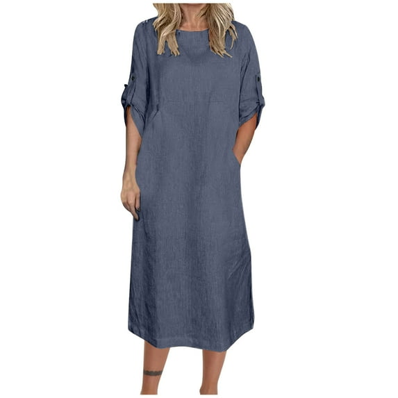 UsYezik Clearance Summer Dresses for Women 2025 Cotton Linen Long Sundress Solid Flowy Dresses V Neck 3/4 Sleeve Summer T-Shirt Midi Dress Blue S