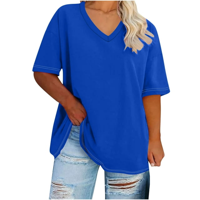 UsYezik Plus Size Tops for Women Dressy Short Sleeve Spring Summer Tunic Oversized Basic Solid Shirt V Neck Loose Casual Tops Blouse Blue 4XL
