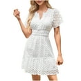 thumbnail image 1 of UsYezik Short Summer Dresses for Women 2025 V Neck Spring Holiday Lace Eyelet Mini Dress Short Sleeve Smocked Waist Tiered Sundress White S, 1 of 5