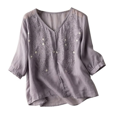 UsYezik Summer Blouses for Women 2025 Cotton Linen Trendy Summer T-Shirts Bohemian Short Sleeve Embroidery Blouses Boho Casual Tops Women Gift Purple XL