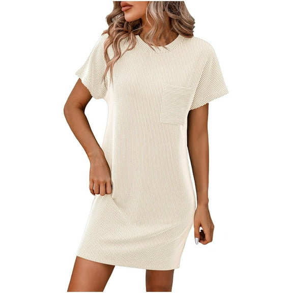 UsYezik Summer Dress for Women Short Sleeve Crew Neck Beach Spring Dresses Color Contrast Ribbed Holiday Tunic Tshirt Mini Dress Beige XL