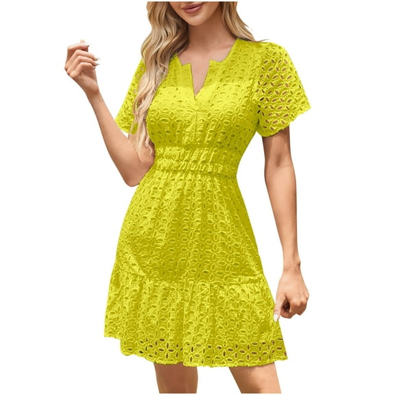 UsYezik Summer Dresses for Women Under $10 V Neck Dresses Casual Summer Smocked Waist Tiered Lace Eyelet Mini Dress Yellow XL