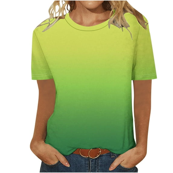 UsYezik Summer Tops for Women Round Neck Gradient Tops Casual Summer Blouses Short Sleeve Basic Pullover Shirts Trendy Blouses Tops Gift for Women Green M