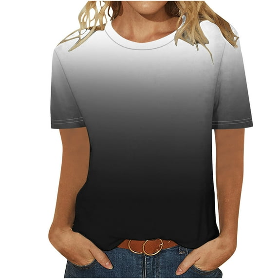 UsYezik Summer Tops for Women Round Neck Gradient Tops Short Sleeve Summer Shirts Casual Trendy Blouses Basic Pullover Shirts Tops Gift for Women Black L