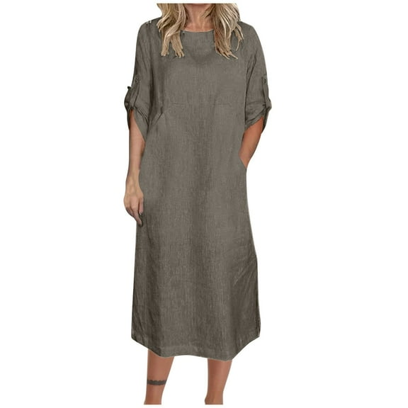 UsYezik Sundresses for Women V Neck 3/4 Sleeve Cotton Linen Long Solid Flowy Dresses T-Shirt Midi Casual Sundress Coffee M