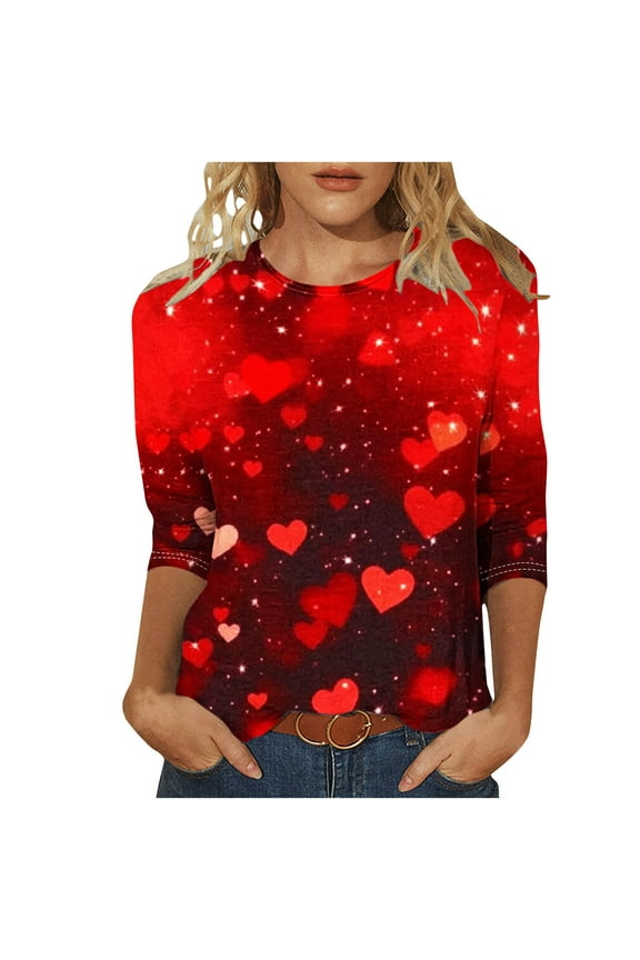 Valentine Shirts for Women 3/4 Sleeve T-Shirt Crewneck Cute Heart Blouses Shirts Graphic Tee Tops Dressy Casual T-Shirt