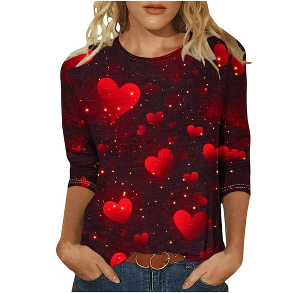 UsYezik Valentines Day Shirts for Women 3/4 Length Sleeve O Neck T-Shirt Heart Printed Valentine Gifts Loose Shirts Plus Size Tops
