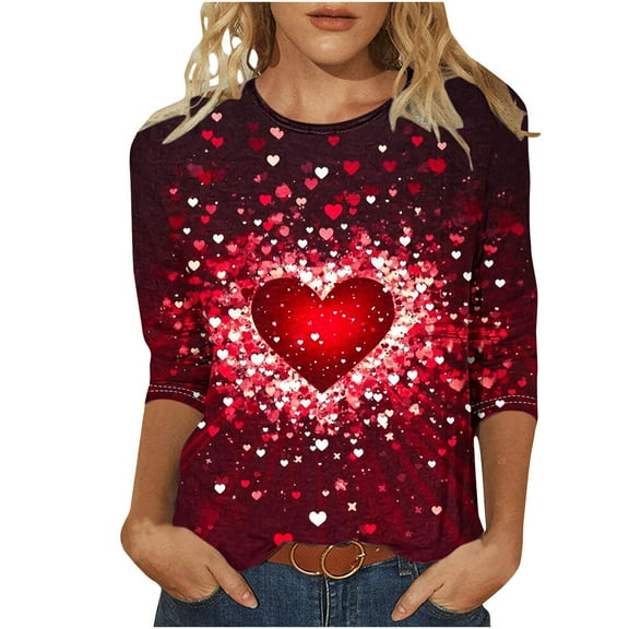 UsYezik Valentines Day Tops for Women 3/4 Sleeve Tops O Neck Casual Soft T-Shirt Blouses Heart Printed Shirts Graphic Tee Casual Tops