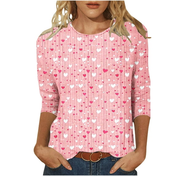 UsYezik Valentines Shirt Women Crewneck Shirts 3/4 Sleeve Cute Heart Valentines Day Gifts for Her T-Shirt Loose Fit Loose Tops Blouses