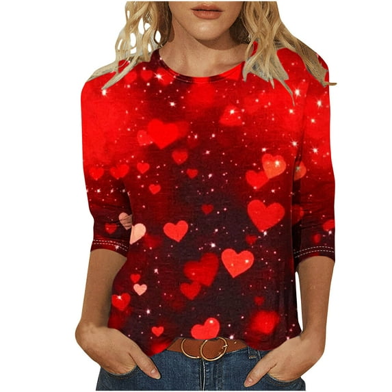 UsYezik Valentines Shirts for Women Crewneck T-Shirt Loose Cute Heart 3/4 Length Sleeve Blouses Valentine Gifts Casual Tops Shirts