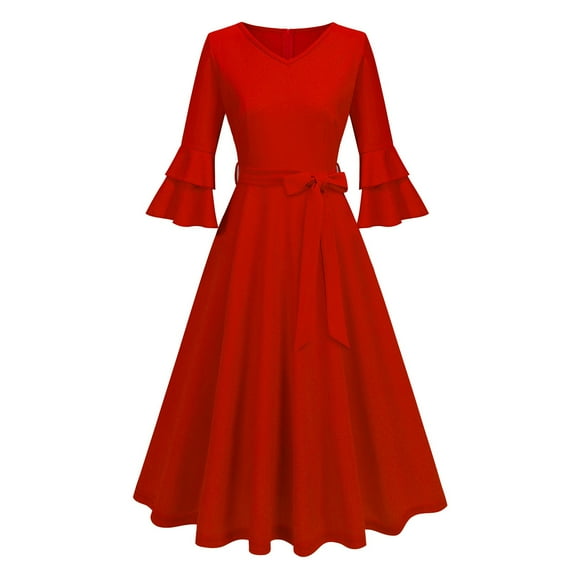 UsYezik Women Dresses 1950s Vintage Cocktail Party Dresses Ruffle 3/4 Sleeve Holiday Evening Prom Dress Red L