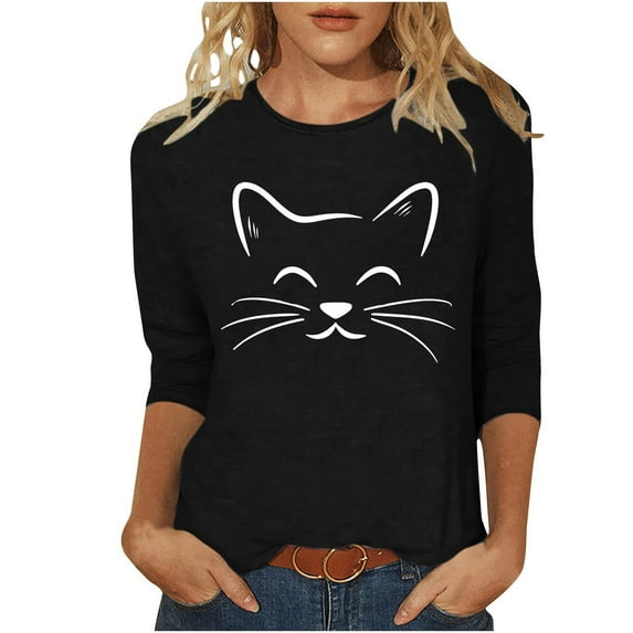UsYezik Women's 3/4 Sleeve Tops Cats Graphic O Neck Tshirts Loose Cute Basic Tees Dressy Casual T-Shirts Plus Size Shirts