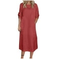 thumbnail image 1 of UsYezik Women's Casual Dresses V Neck 3/4 Sleeve Spring Casual Dresses Cotton Linen Long Solid Flowy T-Shirt Midi Dress Red M, 1 of 5