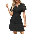 thumbnail image 1 of UsYezik Women's Dress Short Sleeve V Neck Holiday Dresses Smocked Waist Tiered Cute Casual Dress Fashion Lace Eyelet Mini Sundress Black XXL, 1 of 5