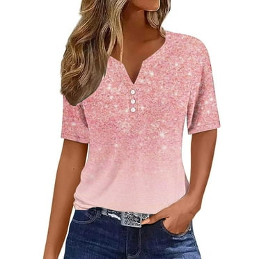 UsYezik Women's Tops Dressy Casual V Neck Button Down Shirts Casual Short Sleeve Tops Summer Basic Pullover Trendy Blouses Tops Gifts for Her Pink M