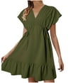 thumbnail image 1 of UsYezik Womens Dress Ruffle Short Sleeve Sundress A-Line T Shirt Dress Empire Waist Tiered Casual Smocked V Neck Dresses Army Green S, 1 of 5