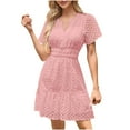 thumbnail image 1 of UsYezik Womens Dress Short Sleeve V Neck Cute Sundress Lace Eyelet Mini Fashion Smocked Waist Tiered Dress Holiday Casual Dresses Pink L, 1 of 5