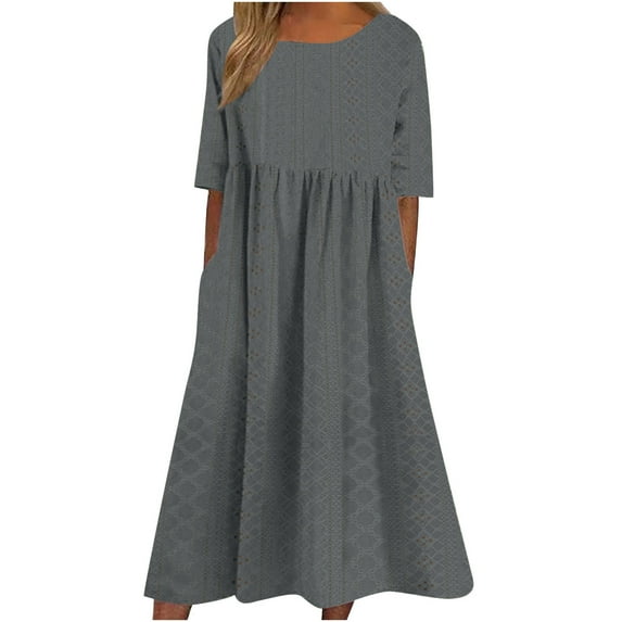 UsYezik Womens Dresses Summer Short Sleeve Eyelet Embroidery Sundress Casual Dresses Pleated A-line Flowy Pockets Smocked Midi Tunic Dress Dark Gray M