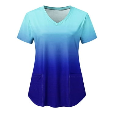 UsYezik Womens Scrub Tops Short Sleeve V Neck Scrub with Pockets Trendy Summer Nursing Gift Gradient T-Shirts Work Uniform Tops Presents for Women Blue M