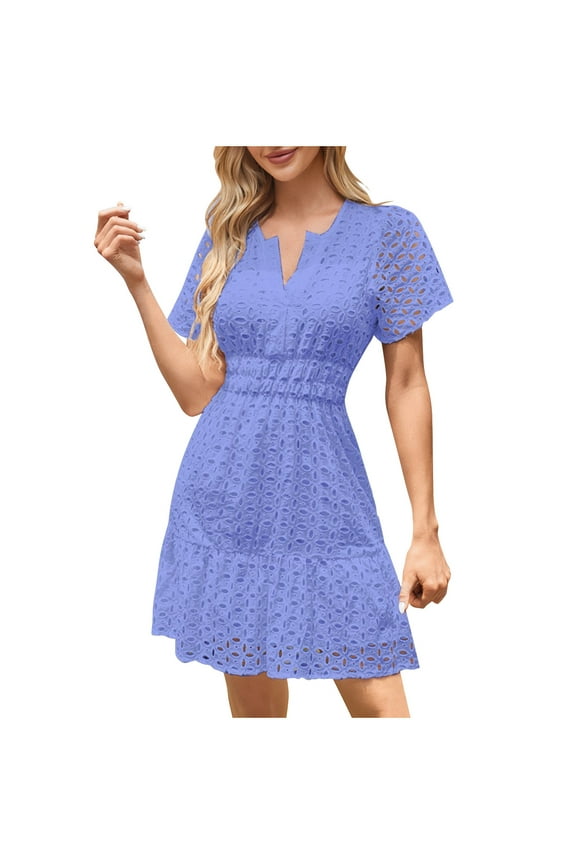 Womens Summer Dress Under $10 Short Sleeve Summer Fashion Smocked Waist Tiered Dress V Neck Lace Eyelet Mini Dresses Light Blue XXL