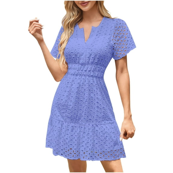 UsYezik Womens Summer Dress Under $10 Short Sleeve Summer Fashion Smocked Waist Tiered Dress V Neck Lace Eyelet Mini Dresses Light Blue XXL