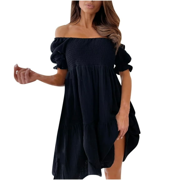 UsYezik Womens Summer Dress Off The Shoulder Sundress Pleated Short Mini Dress Puff Sleeve Smocked Casual A-line Tiered Flowy Dresses Black S