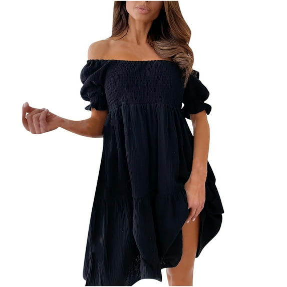 UsYezik Womens Summer Dresses Casual Puff Sleeve Smocked Dress A-line Tiered Flowy Sundress Off The Shoulder Pleated Short Mini Casual Dresses Black M