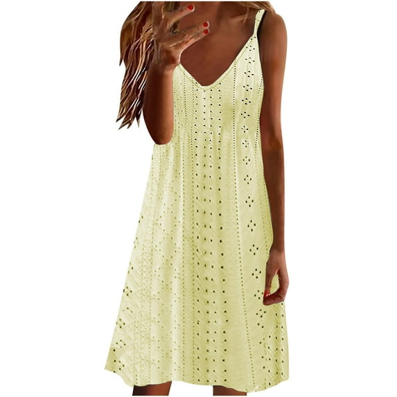 UsYezik Womens Summer Dresses Casual Solid Short Mini Dresses V Neck Strappy Summer Eyelet Embroidery Sleeveless Dress Hollow Out Flowy Sundress L