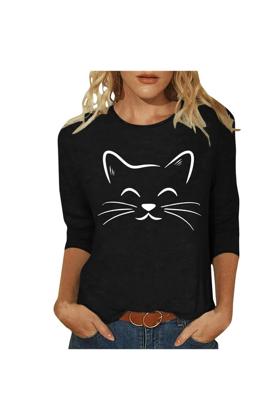 Womens Summer Tops 3/4 Sleeve O Neck Cats Graphic Tops Vacation Blouses Casual Loose Trendy Summer T-Shirts