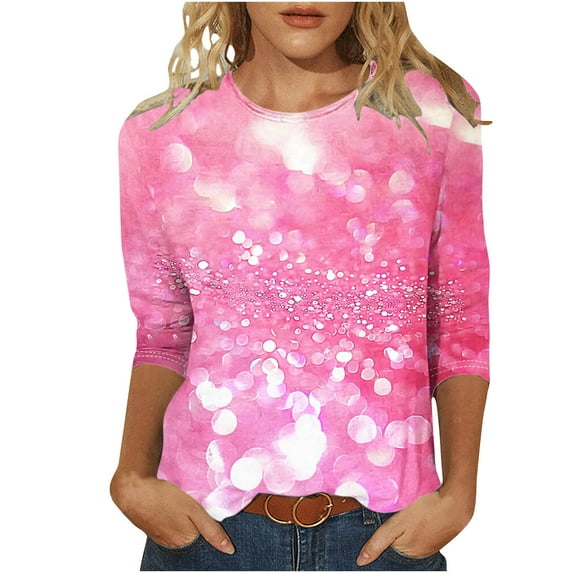 UsYezik Womens Tops Valentines Day 3/4 Sleeve Crew Neck Blouses Valentine Heart Valentines Day Gifts for Her T-Shirt Loose Summer Shirts
