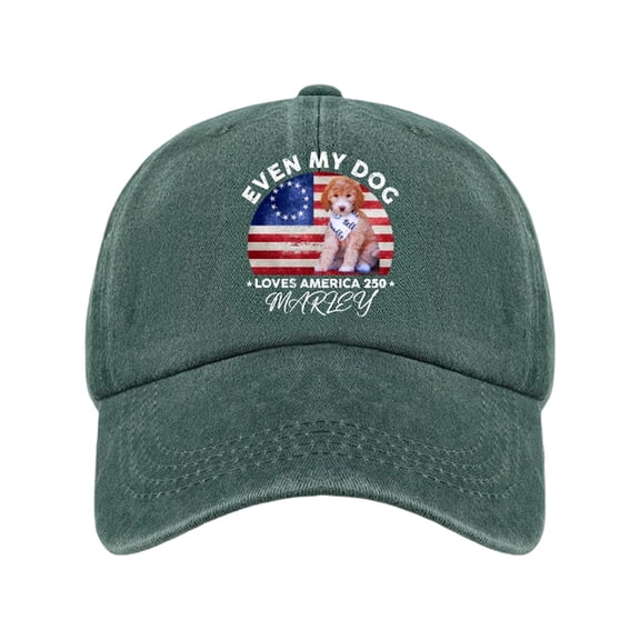 Usa 250Th Anniversary, Dog Print, Personalized Baseball Cap, 250Th Anniversary Graphic, Deep Green Pigment Wash, Adjustable Back Strap, Patriotic Holidays, 21 in Brim, 1 Pc